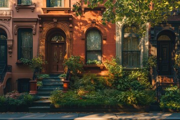 Sun-drenched brownstone row houses with lush green gardens, showcasing classic architectural details and autumnal ambiance.