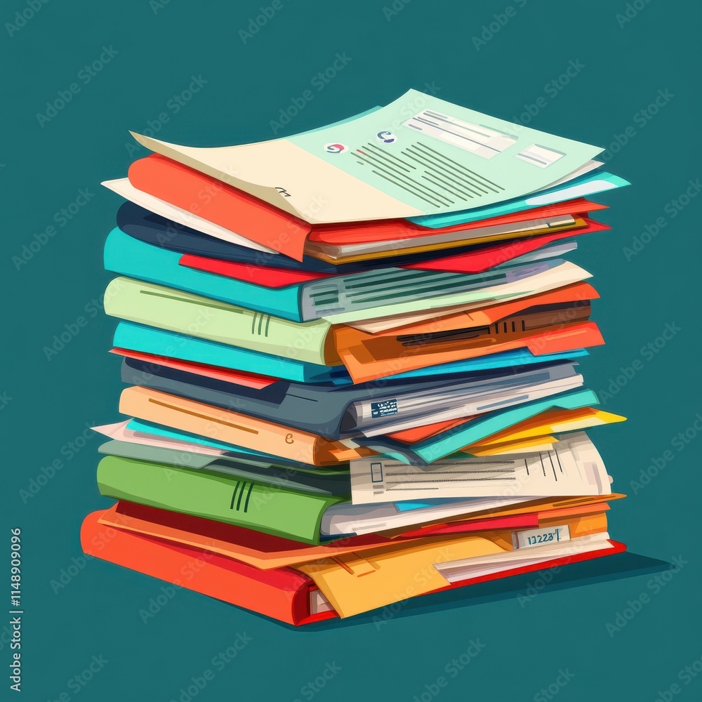 Poster a colorful stack of assorted documents and folders, showcasing various forms and papers piled neatly