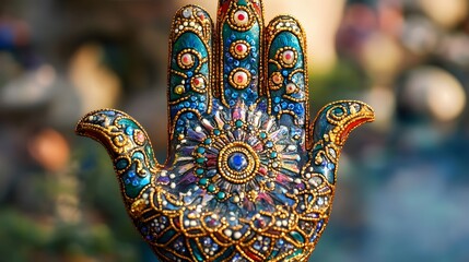 Naklejka premium Vibrant Hamsa Hand Mandala Art