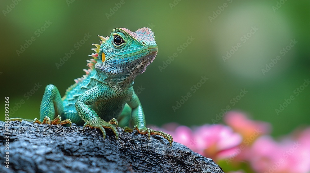 Poster a close-up of a lizard on a tree branch with pink flowers in the background of the photo