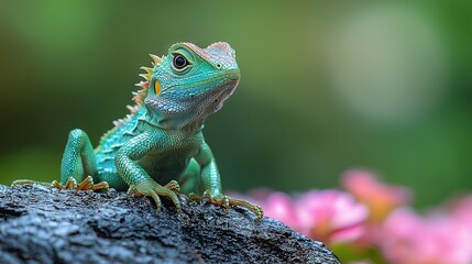 Fototapeta premium A close-up of a lizard on a tree branch with pink flowers in the background of the photo