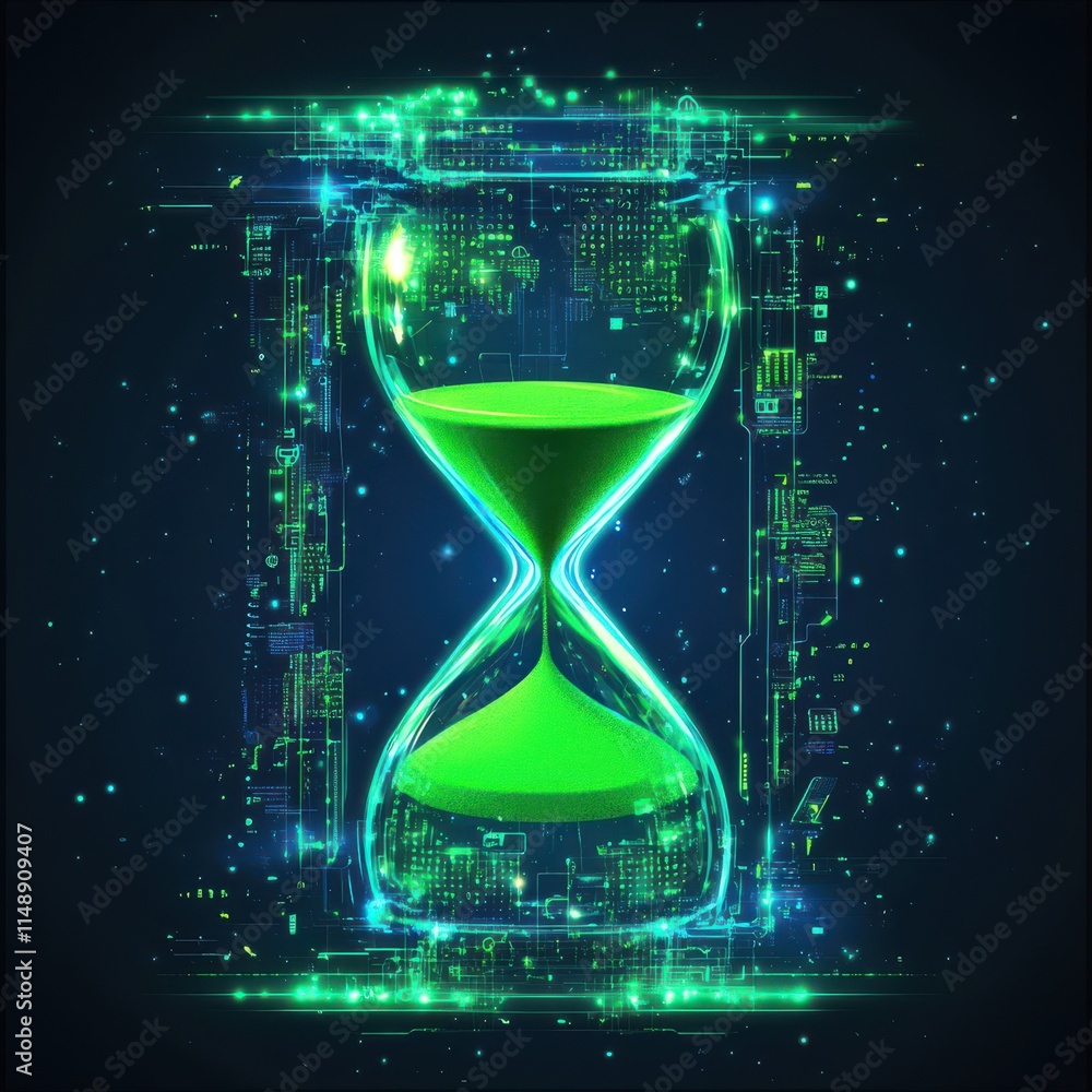 Poster a glowing green hourglass symbolizing time in a digital world, surrounded by intricate circuitry and