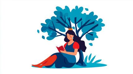 Flat Style Illustrations of a Queen Reading Under a Tree in a Tranquil Outdoor Setting