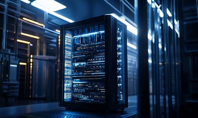 A modern server rack illuminated in a high-tech data center environment.