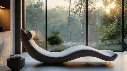 Obraz premium A modern lounge chair in a serene, nature-filled interior space.