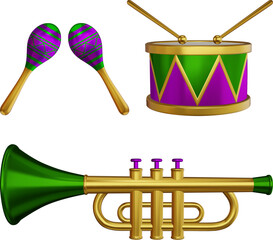 mardi gras musical instruments. isolated 3d maracas, drum and trumpet with mardi gras colors © Angelica