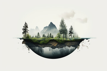 Floating Landscape with Mountains, Trees, and Reflective Water Scene Ideal for conceptual environmental and nature-themed content