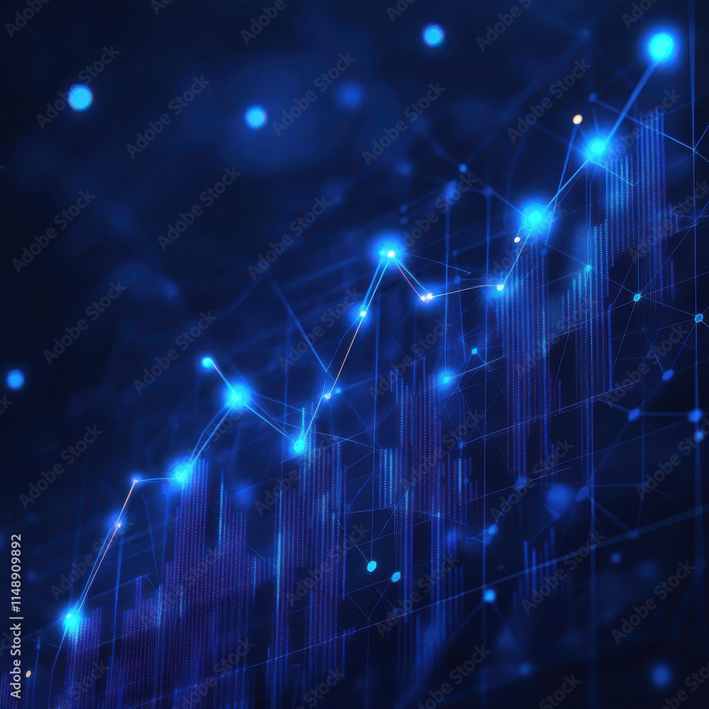 Poster abstract blue digital data visualization with glowing graphs and connected lines.