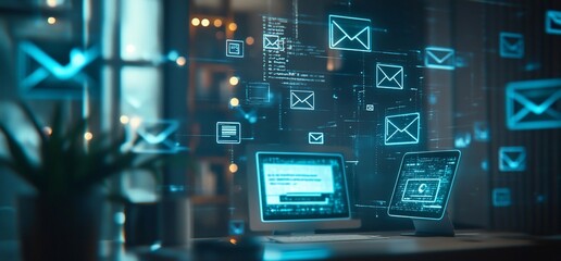 A modern workspace with computers displaying digital communication graphics.