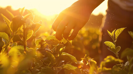 Fototapeta premium Black tea leaves being handpicked at sunrise, the warm light accentuating the field's earthy tones,