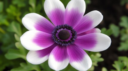 Fototapeta premium Purple and White Flower with Distinct Petals in Garden Setting