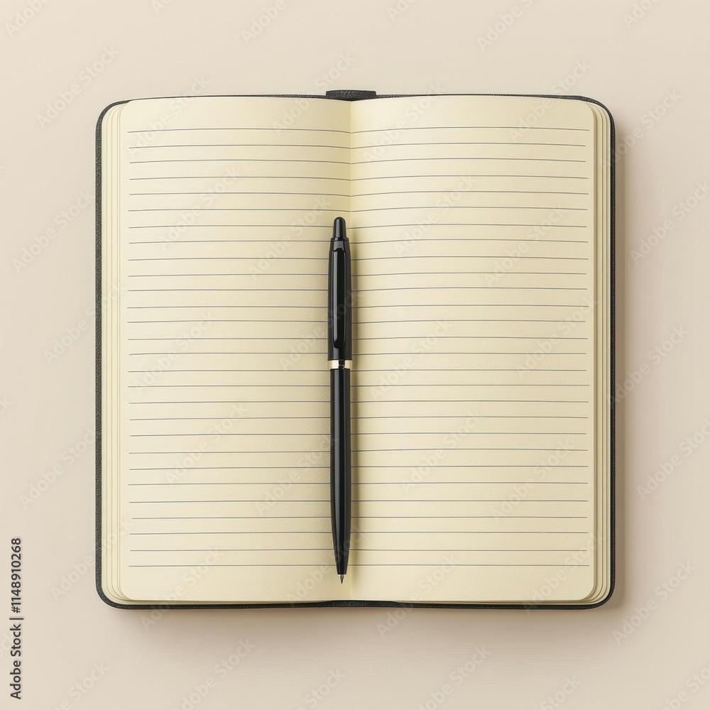 Poster an open notebook with blank pages and a black pen resting on top, creating a minimalist aesthetic.