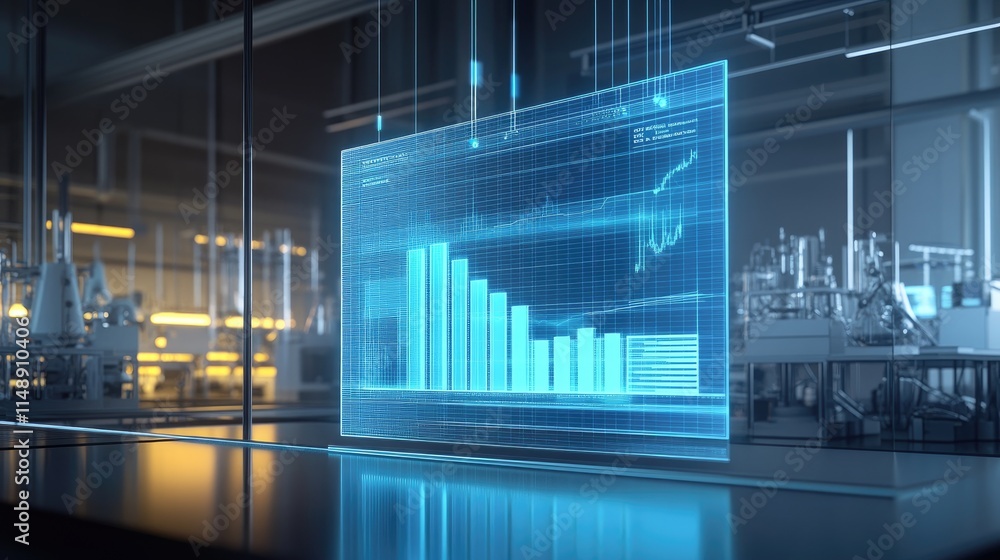 Poster futuristic data visualization display in high-tech laboratory with advanced graphs and charts repres