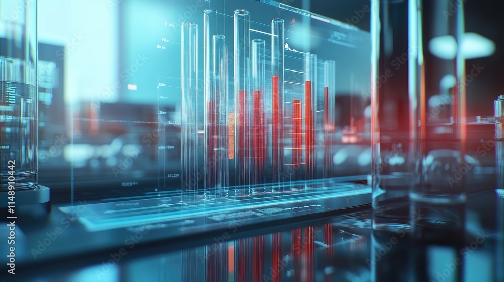 Poster futuristic data visualization with digital graphs and charts in modern office setting demonstrating 