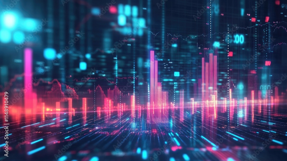 Poster abstract digital landscape showing vibrant neon data visualizations and glowing charts representing 