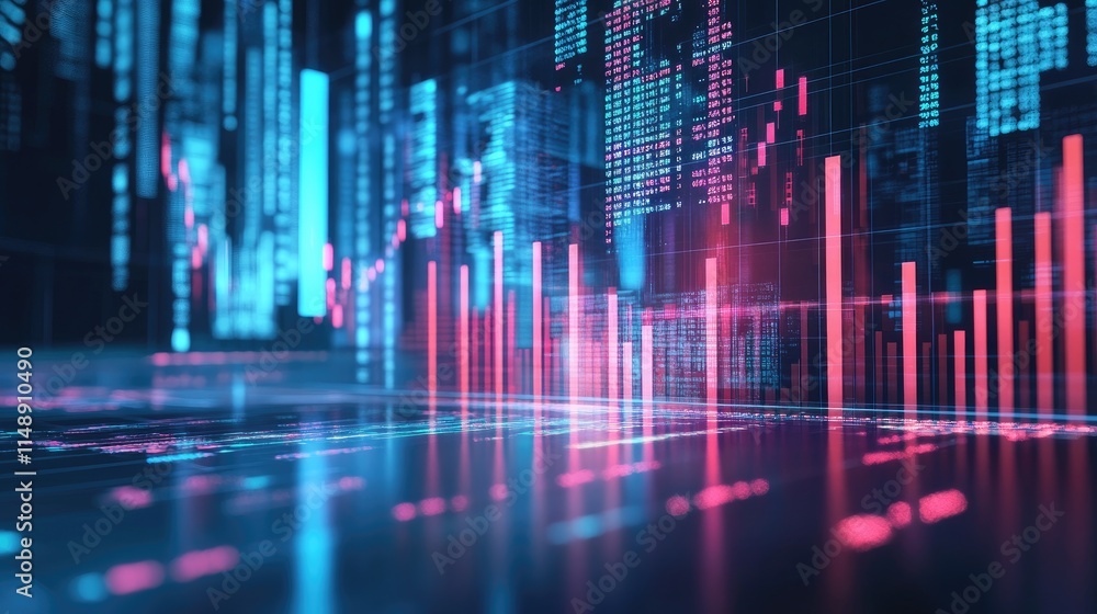 Poster abstract visualization of data metrics and stock market trends with vibrant neon colors and bright g