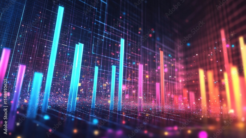 Poster vibrant digital landscape with colorful data visualization, abstract background of neon bars rising 