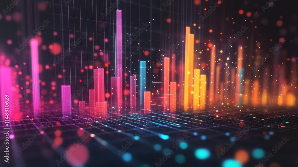 Poster Abstract Digital Data Visualization with Colorful Bar Graphs and Bokeh Effects Representing the Flow of Information in a Modern Tech Environment