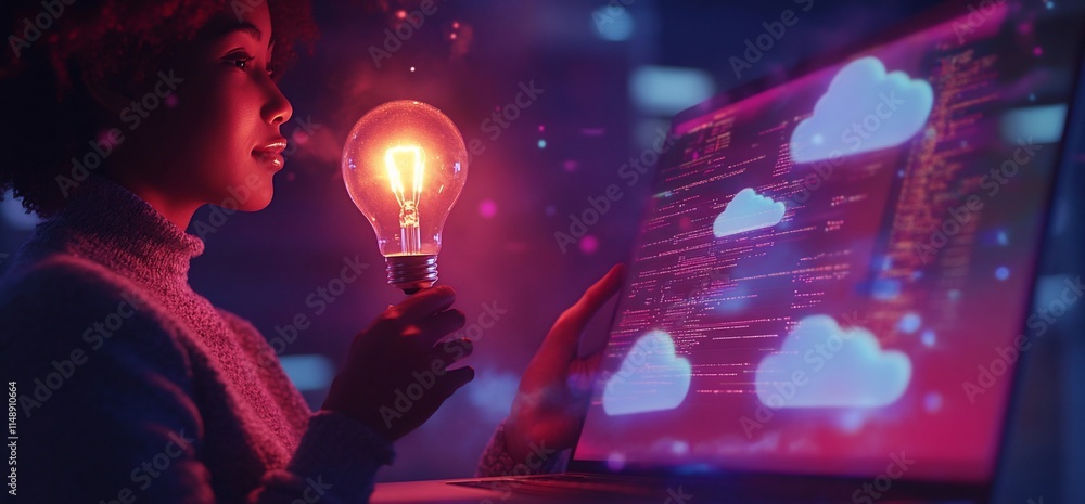Poster a person holding a glowing light bulb while viewing coding on a laptop screen.