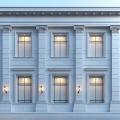 Elegant neoclassical building fa�ade with large windows and decorative stonework, illuminated by antique-style lamps.