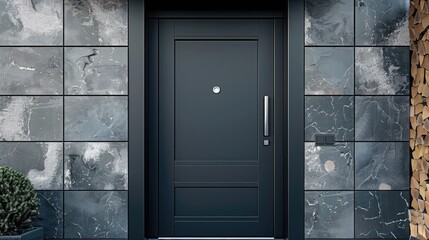 Sleek Modern Home Entrance with Dark Stone Wall and Metal Door