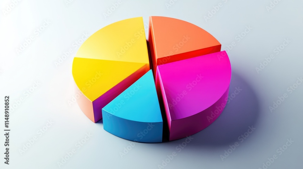 Poster colorful 3d pie chart with four distinct segments representing data visualization, analysis, and rep