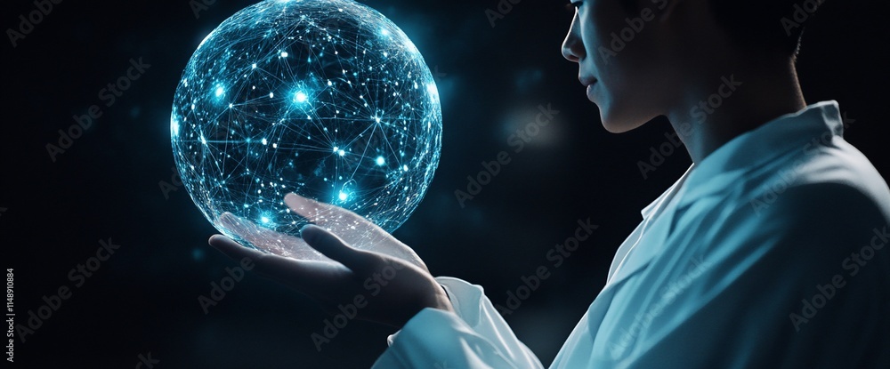 Poster a person holding a glowing sphere representing interconnected data and technology.