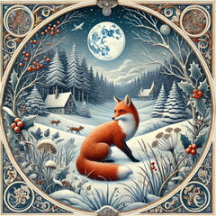 A red fox sitting in a snowy landscape with a village and moonlit forest, framed by decorative holly.