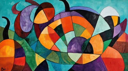 Abstract painting with vibrant colors and geometric shapes, depicting a stylized landscape or floral scene.