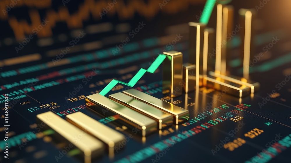 Poster gold bar graph and green arrow representing financial growth and market trends over digital backgrou
