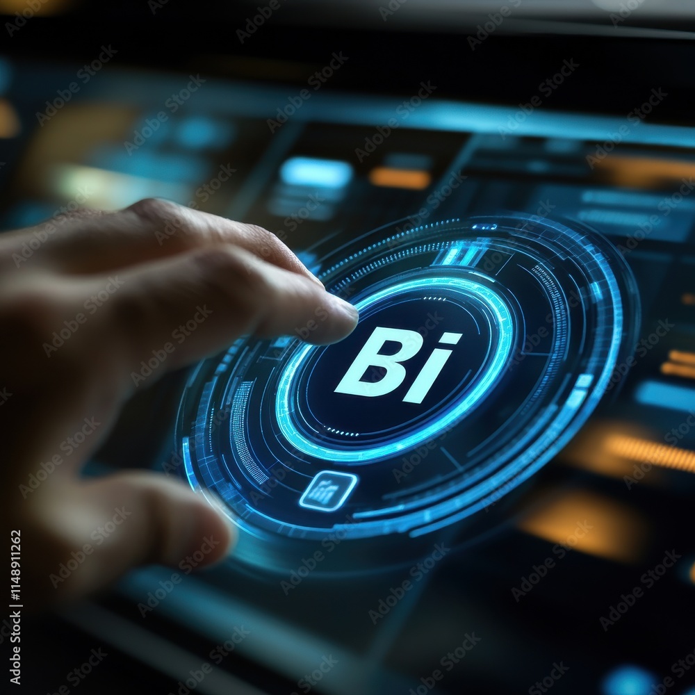 Aufkleber a close-up of a hand interacting with a futuristic digital interface displaying the letters 'bi' in 