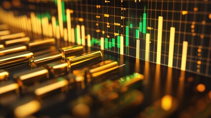 Golden Bars and Financial Graphs Depicting Economic Trends, Analyzing Investment Opportunities and Market Fluctuations in Stock Trading Environment