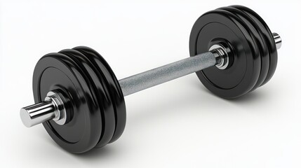 Naklejka premium Black dumbbell with metal bar and plates on white background.