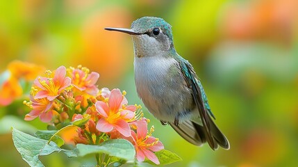 Naklejka premium A sharp focus on the hummingbird perched on a vibrant flower contrasts with a hazy orange-pink-yellow background