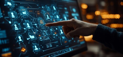 A person interacts with a futuristic digital interface displaying connections.