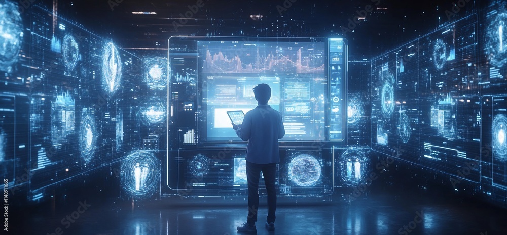 Aufkleber a person interacts with futuristic data displays in a high-tech environment.