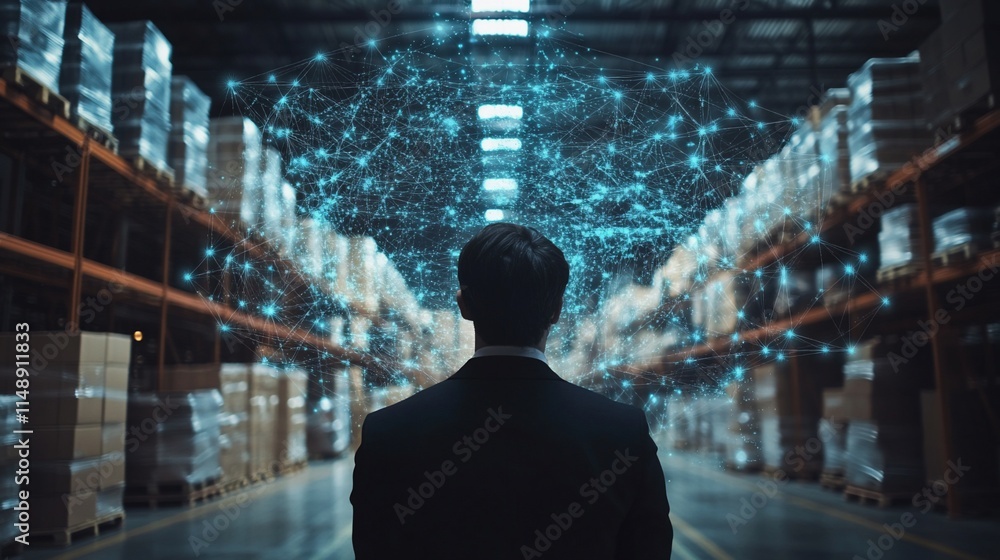 Poster a person in a warehouse visualizing data connections and networks.