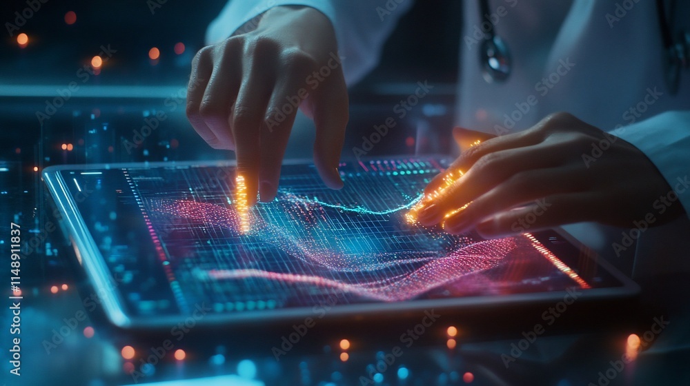Poster a person interacts with a digital data visualization on a tablet screen.