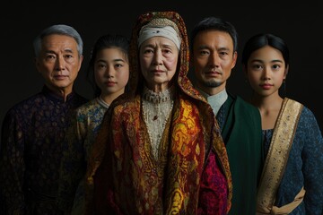 A multigenerational family portrait, showcasing traditional Central Asian attire and rich cultural heritage.