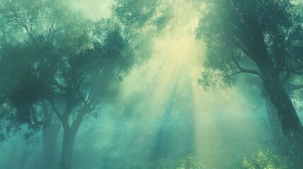 Obraz premium Ethereal Forest Landscape with Sunlight Streaming Through Trees