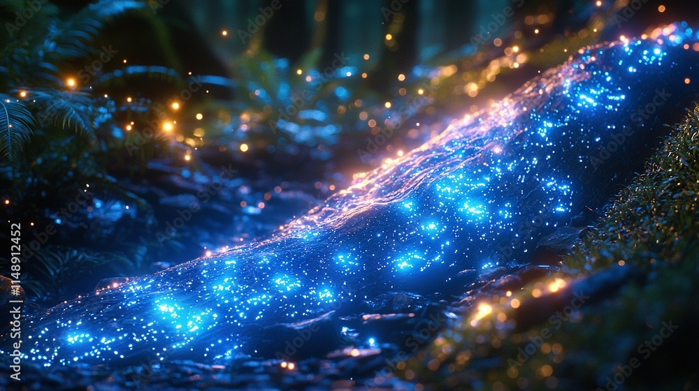 Poster blurry image of blue lights on a tree branch in the night time with a blurry tree branch in the fore