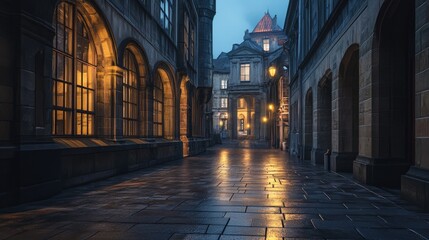 Fototapeta premium Serene Evening Walk in an Historic European Alleyway with Warm Streetlights and Reflections on Wet Cobblestones Under a Moody Twilight Sky