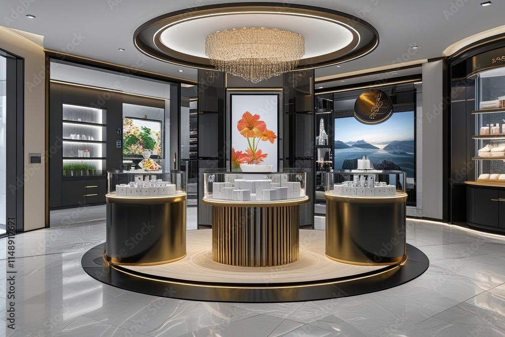 Poster elegant glass product promotion area with sleek circular base and immaculate high-end visual display