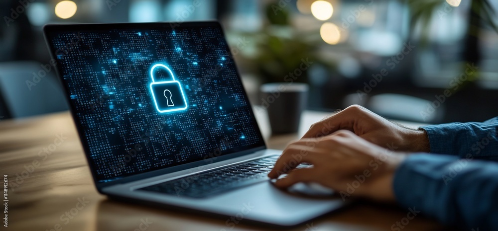 Poster a person typing on a laptop displaying a digital lock symbol for security.