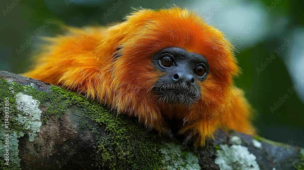 Poster a sharp image of a monkey on a tree branch, with lush moss covering its back, and an out-of-focus ba