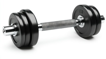 Naklejka premium Black dumbbell with chrome ends and textured grip isolated on white.