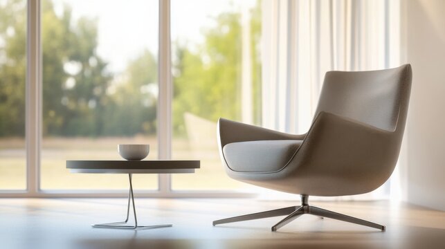 Modern minimalist lounge with refined, stylish design. Featuring sleek lines and soft hues