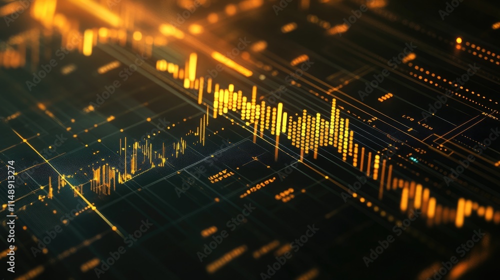 Poster abstract financial data visualization with golden line charts and graphs representing stock market t