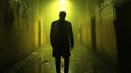 Obraz premium Mysterious Figure in Eerie Corridor: A lone figure shrouded in shadow walks through a dimly lit, eerie corridor, their destination unknown.