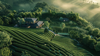 Eco-friendly tea farming on a sustainable plantation, blending modern techniques with lush natural surroundings,